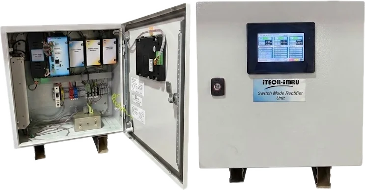 iTech SMRU switch mode rectifier unit panels, one open showing modules and one closed with touchscreen